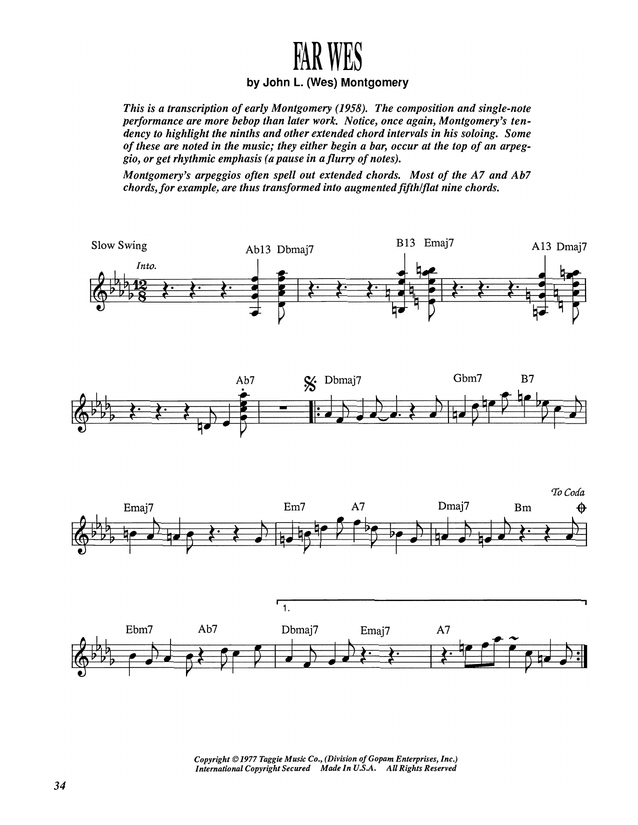 Wes Montgomery Far Wes sheet music notes and chords arranged for Electric Guitar Transcription