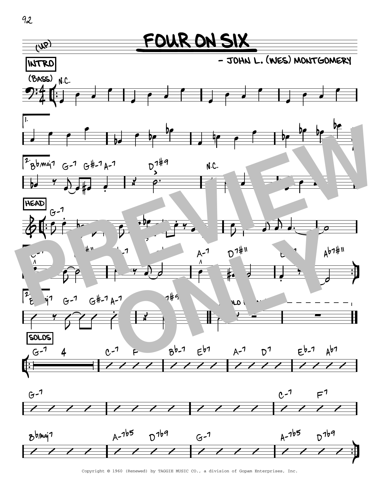 Wes Montgomery Four On Six sheet music notes and chords arranged for Real Book – Melody & Chords – Bass Clef Instruments