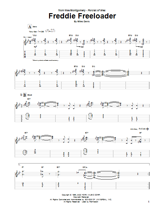 Wes Montgomery Freddie Freeloader sheet music notes and chords arranged for Guitar Tab