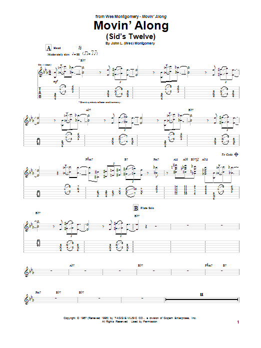 Wes Montgomery Movin' Along (Sid's Twelve) sheet music notes and chords arranged for Guitar Tab