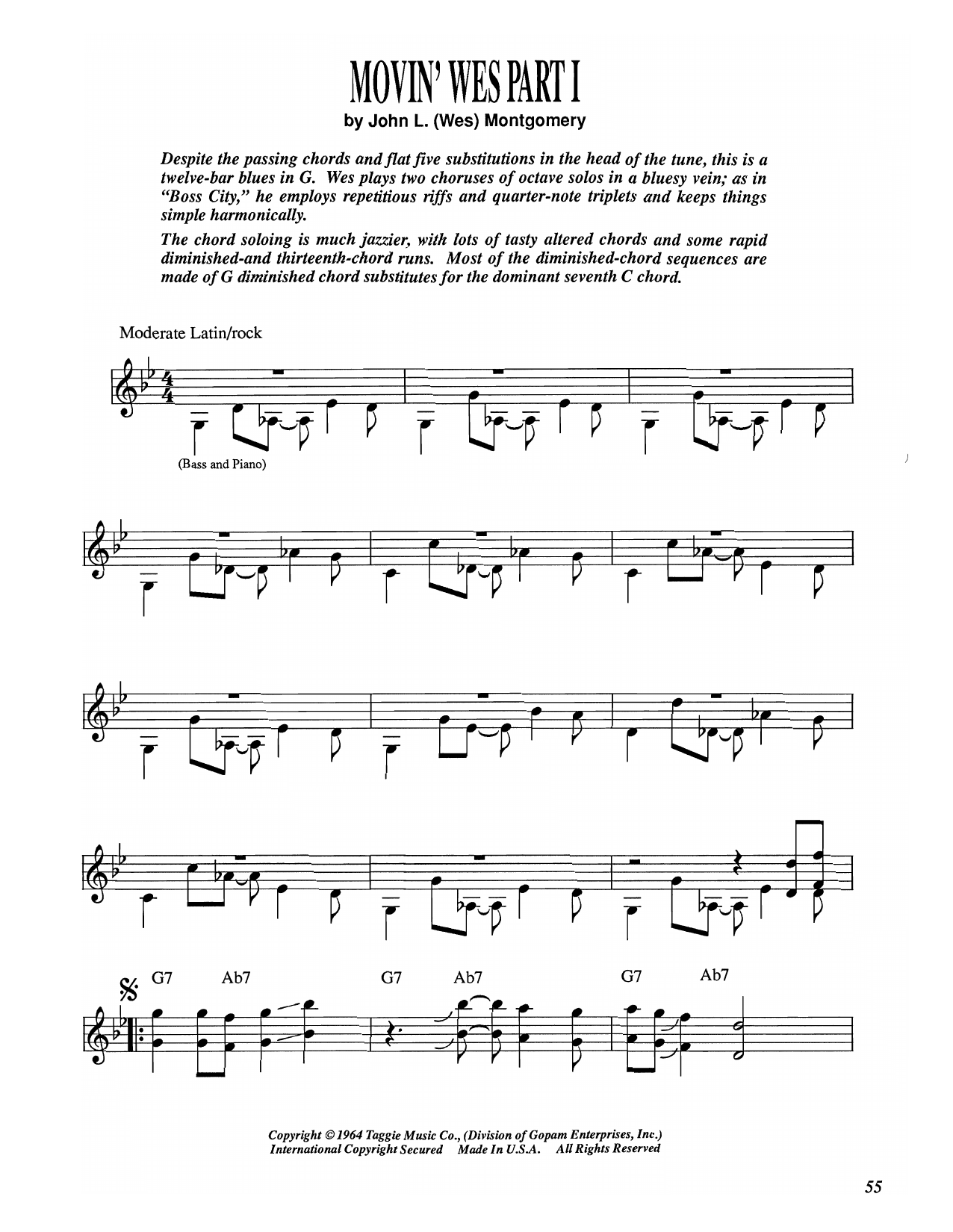 Wes Montgomery Movin' Wes Part I sheet music notes and chords arranged for Electric Guitar Transcription