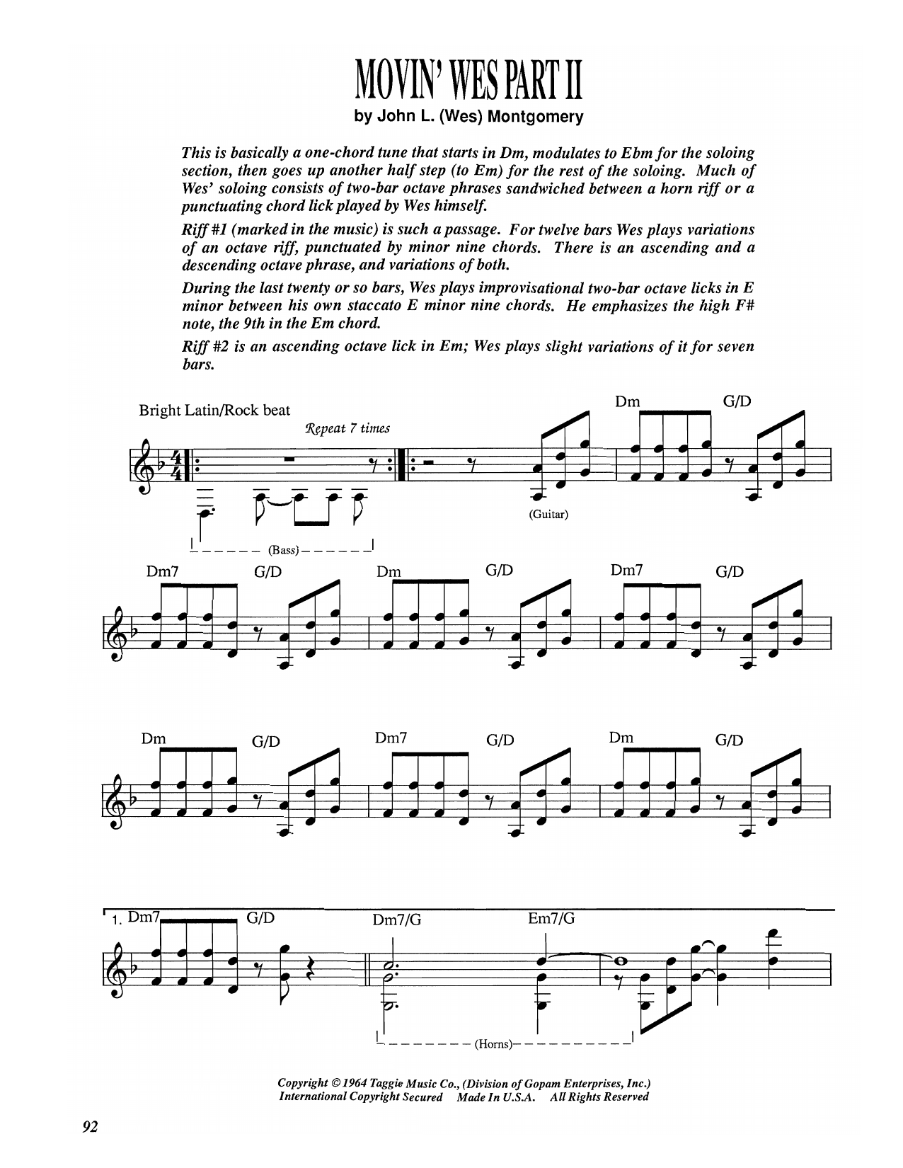 Wes Montgomery Movin' Wes Part II sheet music notes and chords arranged for Electric Guitar Transcription