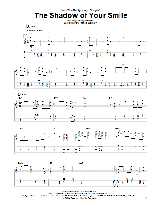 Wes Montgomery The Shadow Of Your Smile sheet music notes and chords arranged for Guitar Tab