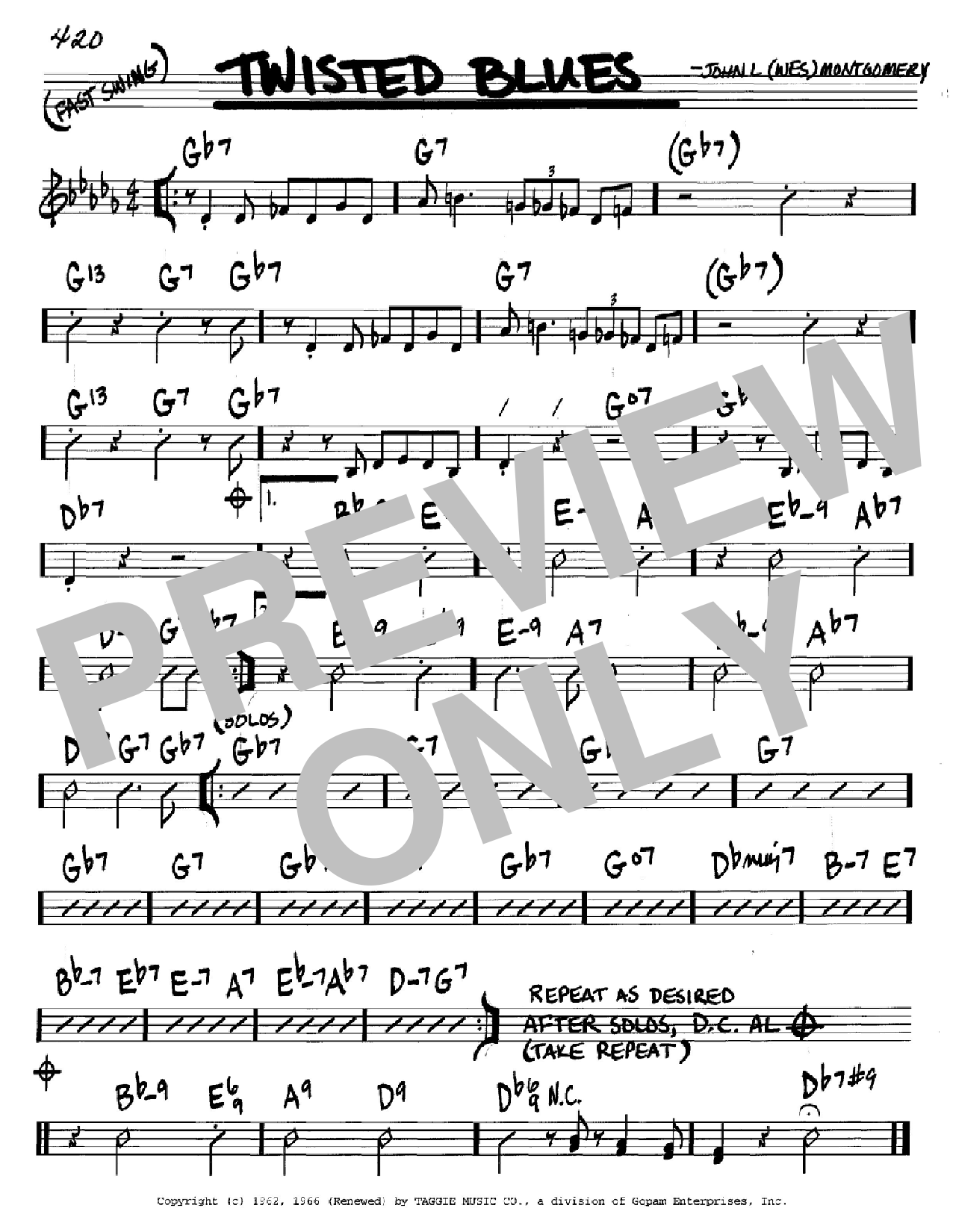 Wes Montgomery Twisted Blues sheet music notes and chords arranged for Real Book – Melody & Chords – Bass Clef Instruments