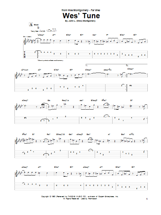 Wes Montgomery Wes' Tune sheet music notes and chords arranged for Guitar Tab