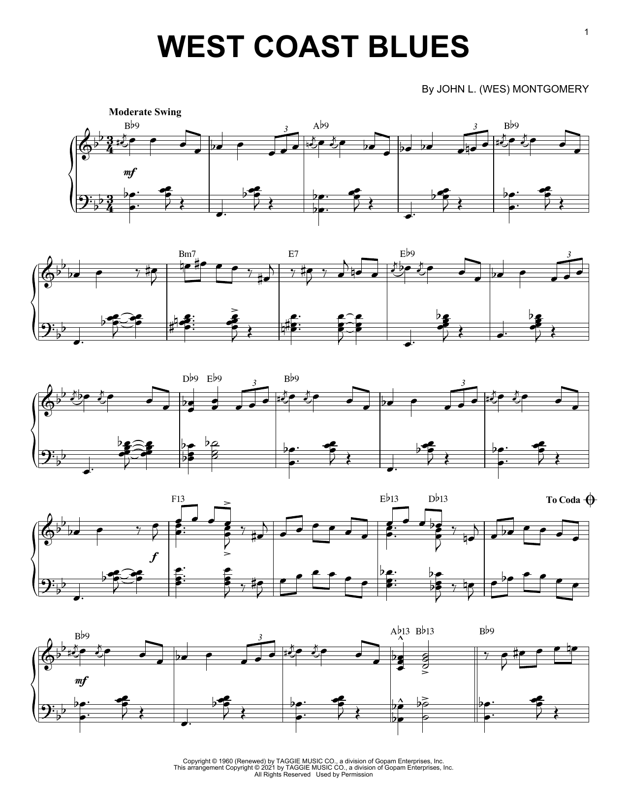 Wes Montgomery West Coast Blues [Jazz version] (arr. Brent Edstrom) sheet music notes and chords arranged for Piano Solo