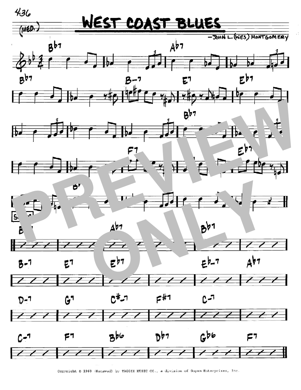 Wes Montgomery West Coast Blues sheet music notes and chords arranged for Real Book – Melody & Chords – Bass Clef Instruments