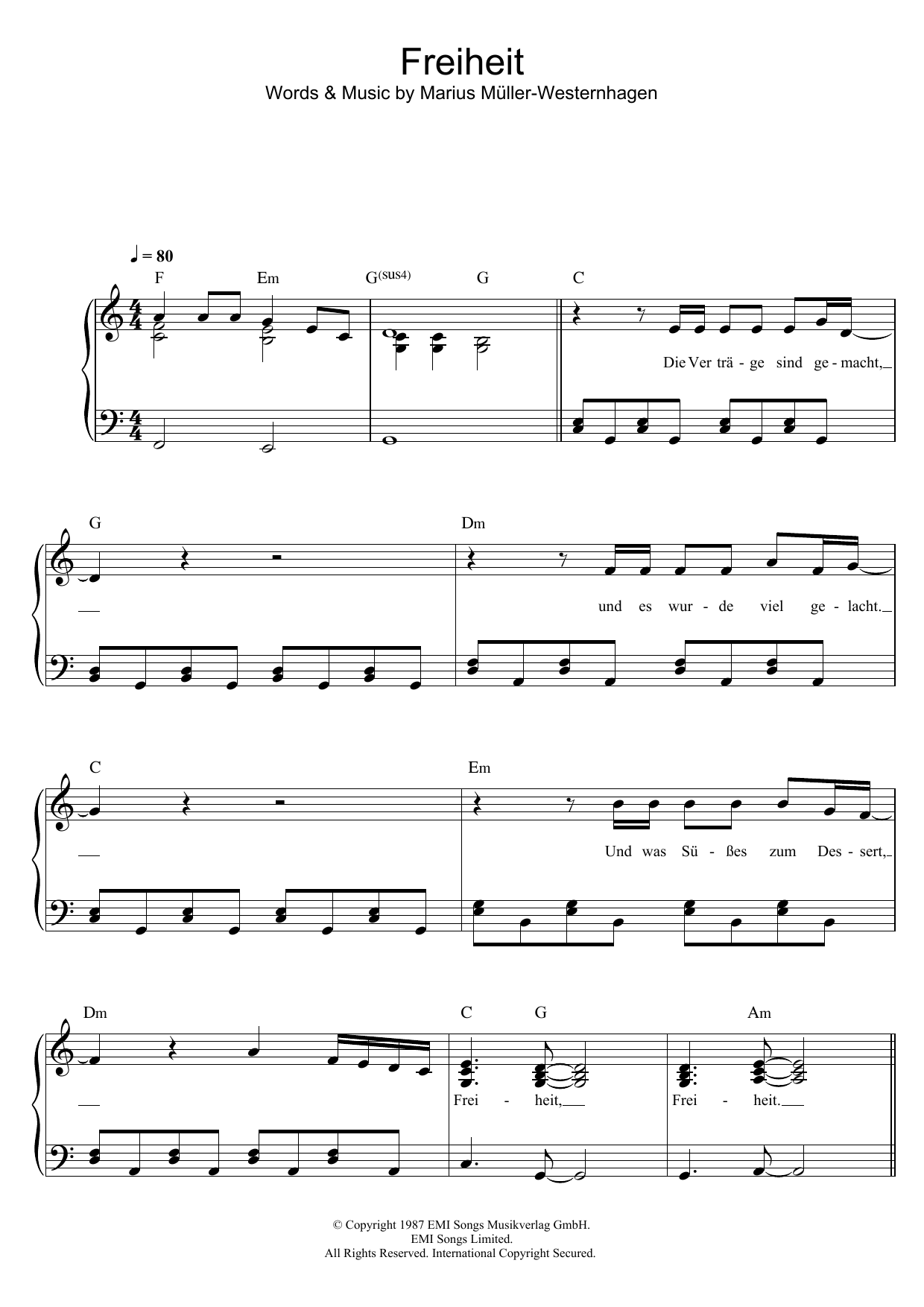 Westernhagen Freiheit sheet music notes and chords arranged for Piano & Vocal
