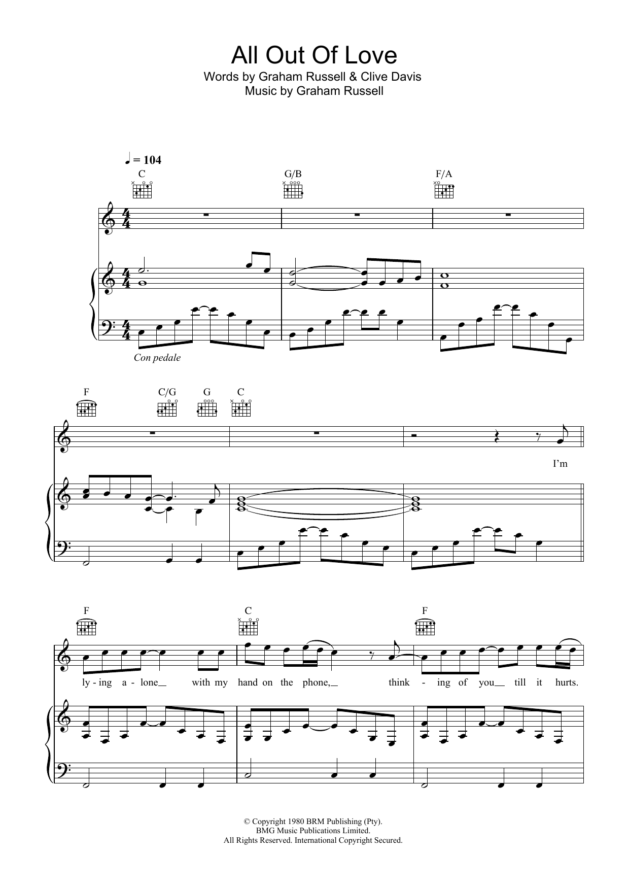 Westlife All Out Of Love sheet music notes and chords arranged for Piano, Vocal & Guitar Chords
