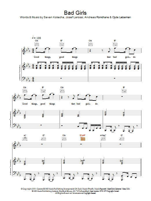 Westlife Bad Girls sheet music notes and chords arranged for Piano, Vocal & Guitar Chords