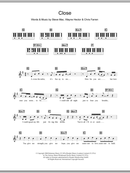 Westlife Close sheet music notes and chords arranged for Piano Chords/Lyrics