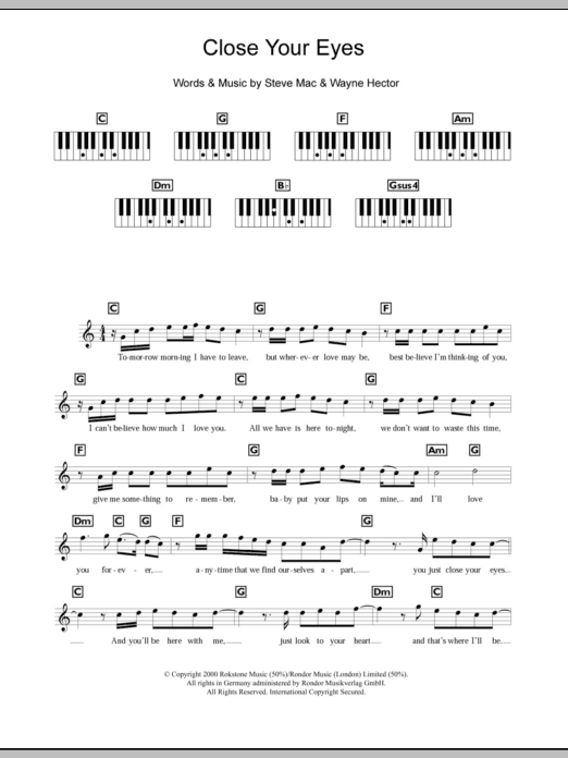 Westlife Close Your Eyes sheet music notes and chords arranged for Piano Chords/Lyrics