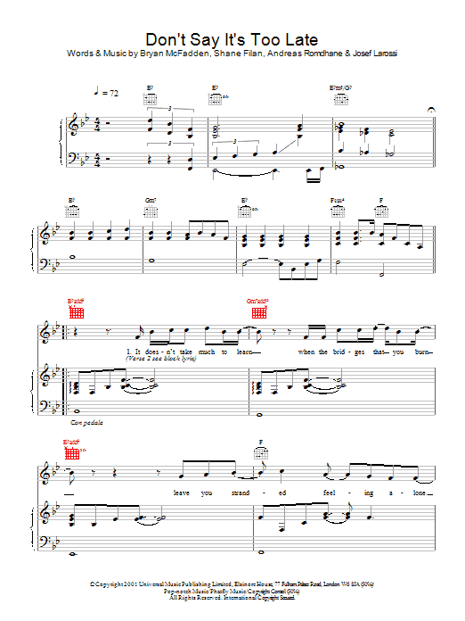 Westlife Don't Say It's Too Late sheet music notes and chords arranged for Piano, Vocal & Guitar Chords
