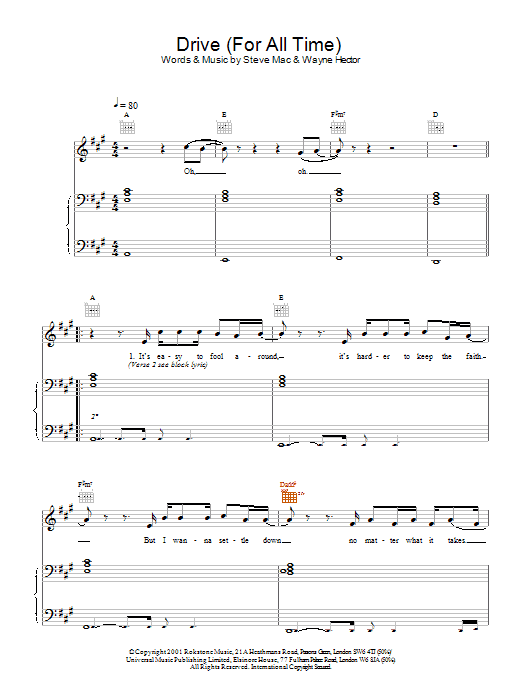 Westlife Drive (For All Time) sheet music notes and chords arranged for Piano, Vocal & Guitar Chords