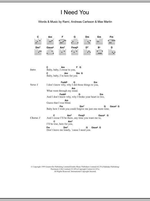 Westlife I Need You sheet music notes and chords arranged for Guitar Chords/Lyrics