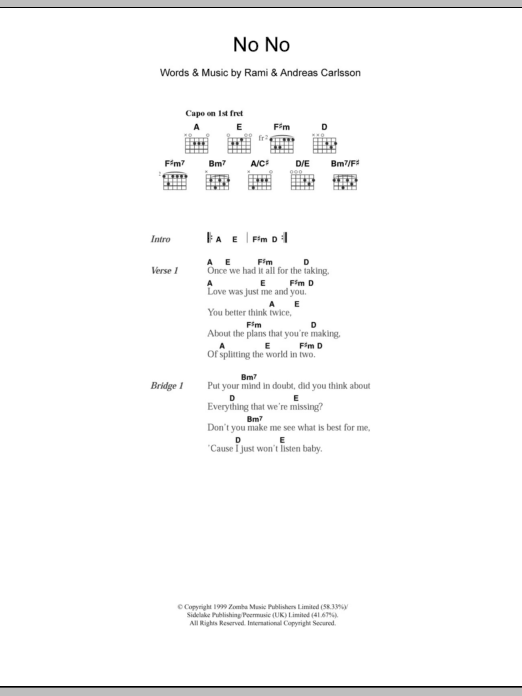 Westlife No No sheet music notes and chords arranged for Guitar Chords/Lyrics