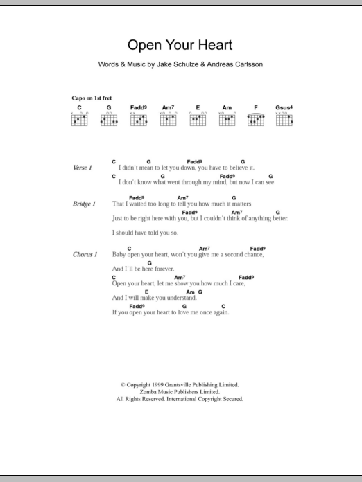 Westlife Open Your Heart sheet music notes and chords arranged for Guitar Chords/Lyrics