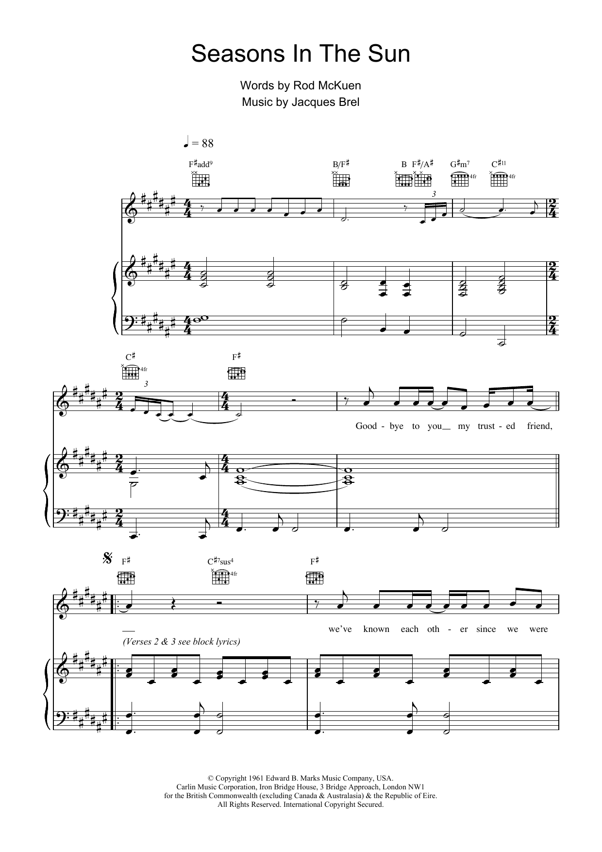Westlife Seasons In The Sun sheet music notes and chords arranged for Piano, Vocal & Guitar Chords