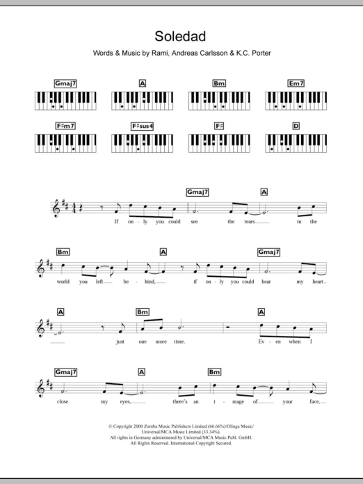 Westlife Soledad sheet music notes and chords arranged for Piano Chords/Lyrics