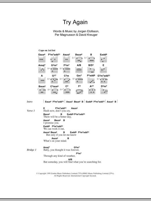 Westlife Try Again sheet music notes and chords arranged for Guitar Chords/Lyrics