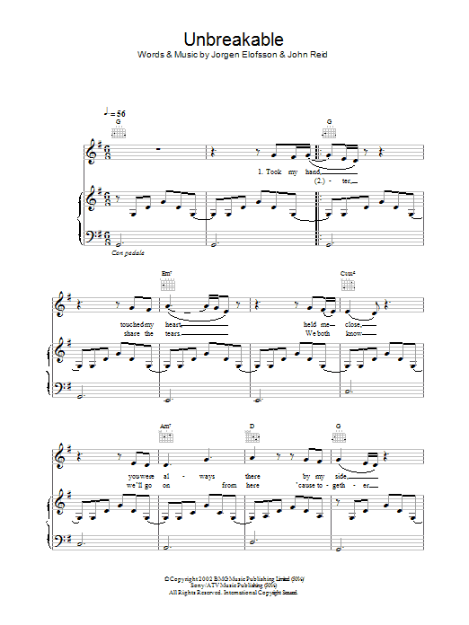 Westlife Unbreakable sheet music notes and chords arranged for Piano, Vocal & Guitar Chords