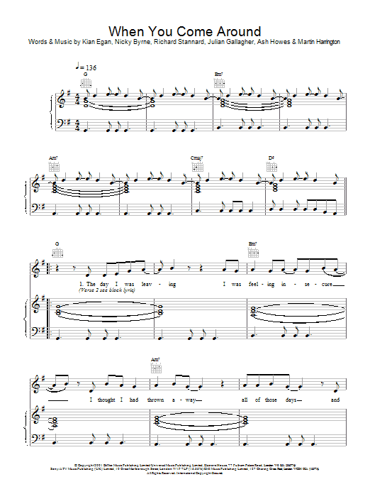 Westlife When You Come Around sheet music notes and chords arranged for Piano, Vocal & Guitar Chords