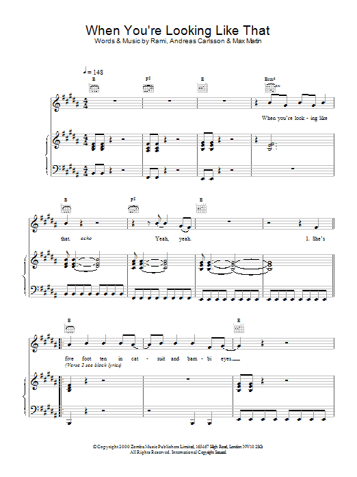 Westlife When You're Looking Like That sheet music notes and chords arranged for Piano, Vocal & Guitar Chords