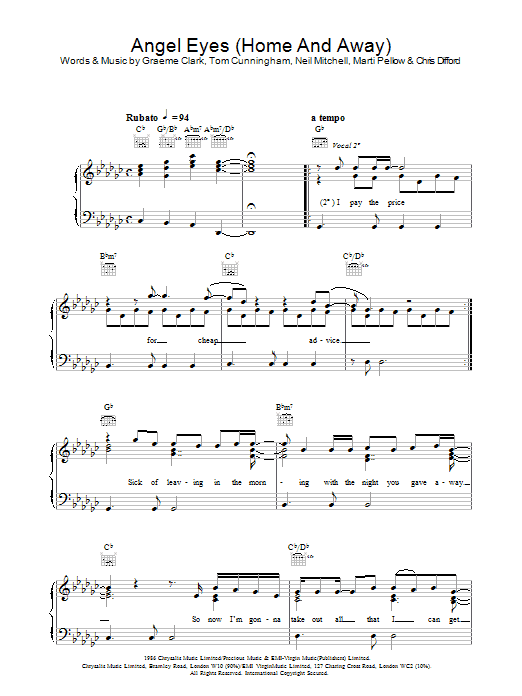 Wet Wet Wet Angel Eyes (Home And Away) sheet music notes and chords arranged for Piano, Vocal & Guitar Chords