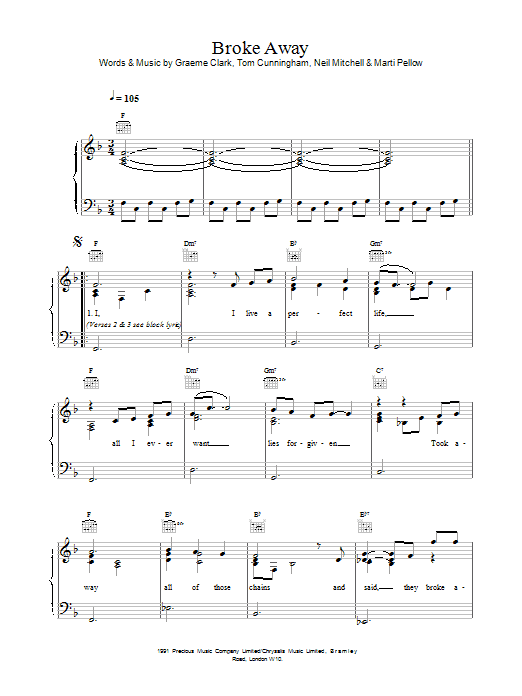 Wet Wet Wet Broke Away sheet music notes and chords arranged for Piano, Vocal & Guitar Chords