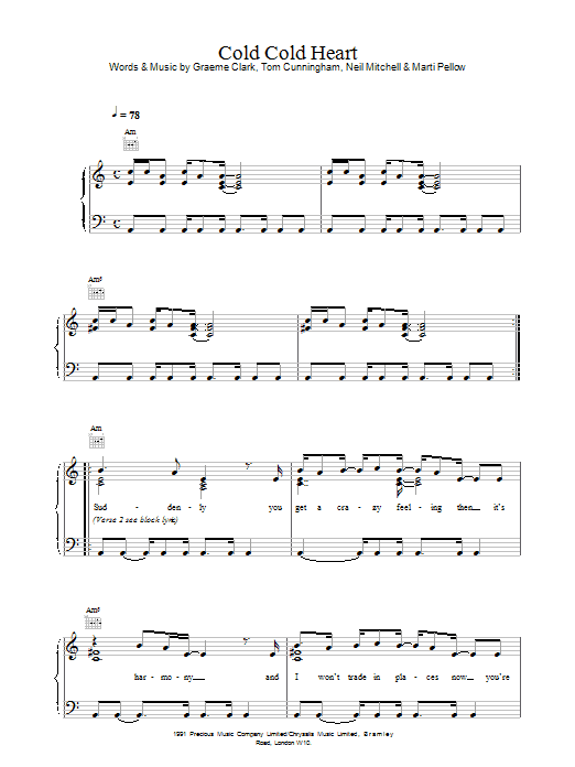 Wet Wet Wet Cold Cold Heart sheet music notes and chords arranged for Piano, Vocal & Guitar Chords