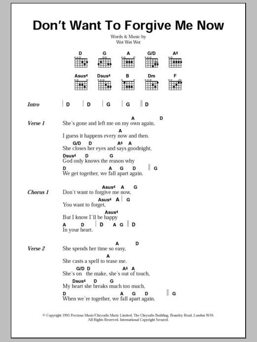 Wet Wet Wet Don't Want To Forgive Me Now sheet music notes and chords arranged for Guitar Chords/Lyrics