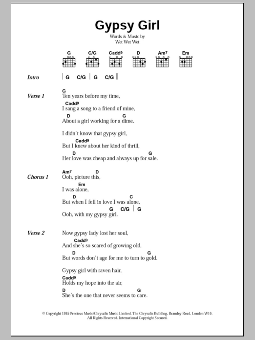 Wet Wet Wet Gypsy Girl sheet music notes and chords arranged for Guitar Chords/Lyrics