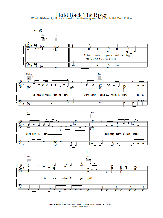Wet Wet Wet Hold Back The River sheet music notes and chords arranged for Piano, Vocal & Guitar Chords