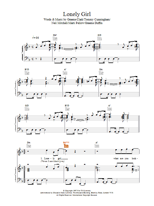 Wet Wet Wet Lonely Girl sheet music notes and chords arranged for Piano, Vocal & Guitar Chords