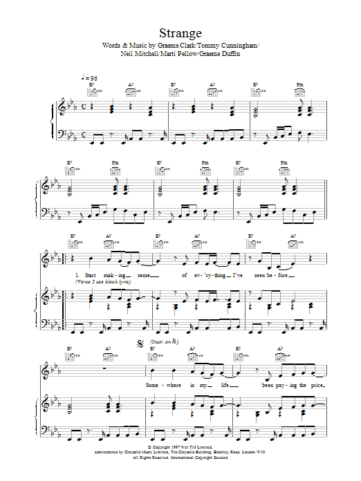 Wet Wet Wet Strange sheet music notes and chords arranged for Piano, Vocal & Guitar Chords