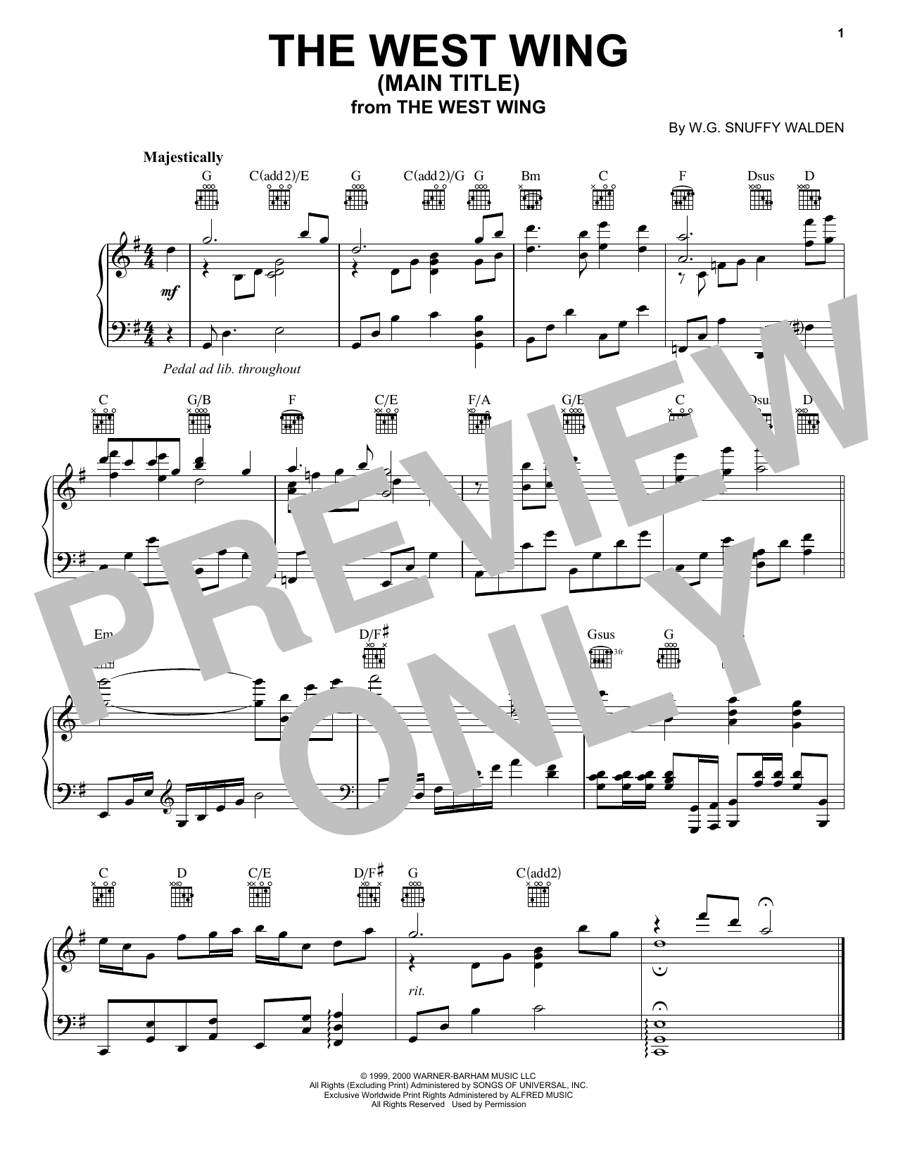 W.G. Snuffy Walden The West Wing (Main Title) sheet music notes and chords arranged for Piano Solo