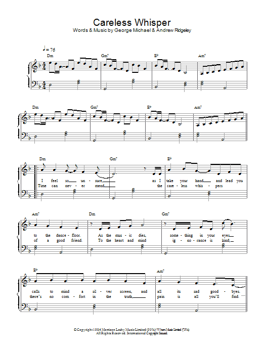 Wham Careless Whisper sheet music notes and chords arranged for Piano Solo