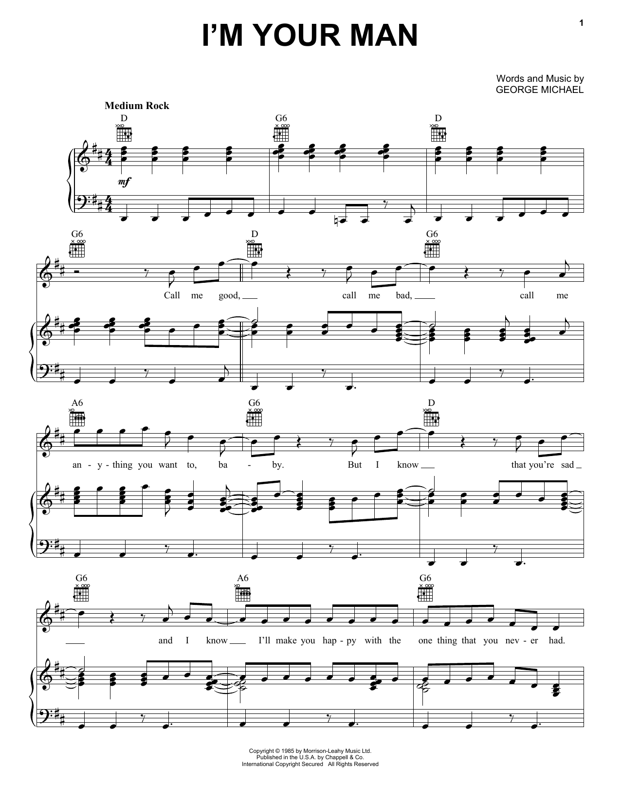 Wham! I'm Your Man sheet music notes and chords arranged for Piano, Vocal & Guitar Chords (Right-Hand Melody)