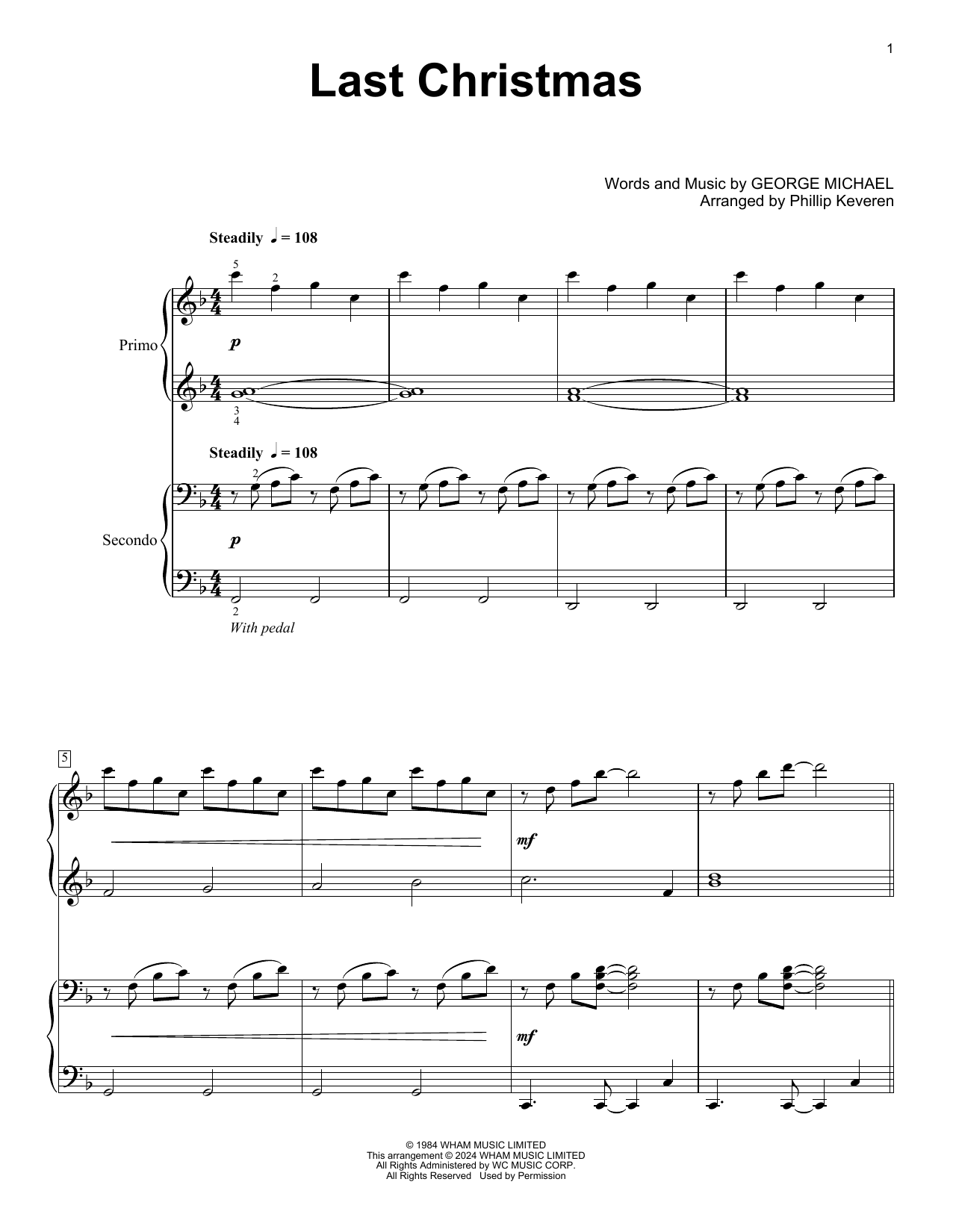 Wham! Last Christmas (arr. Phillip Keveren) sheet music notes and chords arranged for Piano Duet