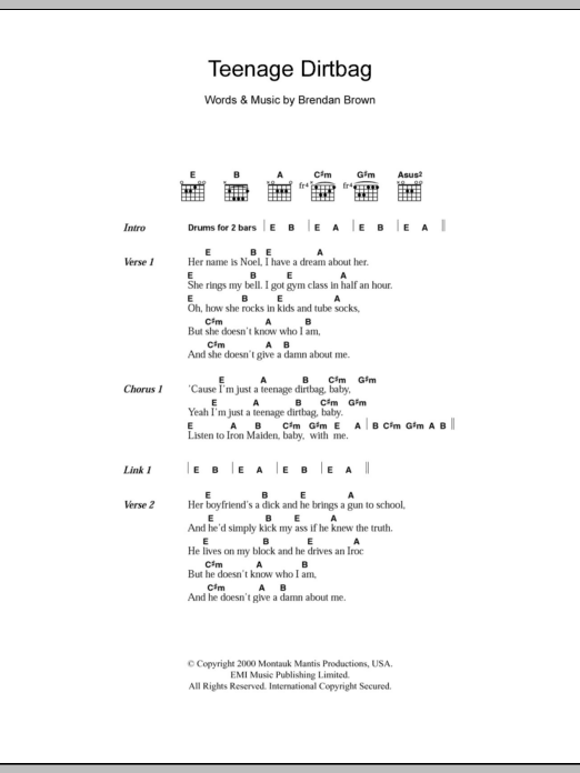Wheatus Teenage Dirtbag sheet music notes and chords arranged for Guitar Chords/Lyrics