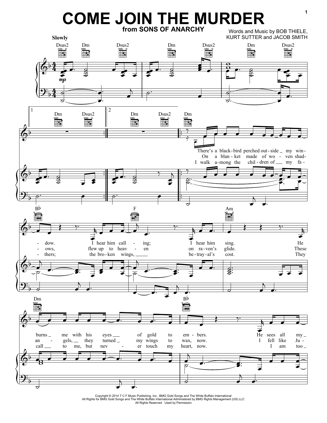 White Buffalo and The Forest Rangers Come Join The Murder sheet music notes and chords arranged for Piano, Vocal & Guitar Chords (Right-Hand Melody)