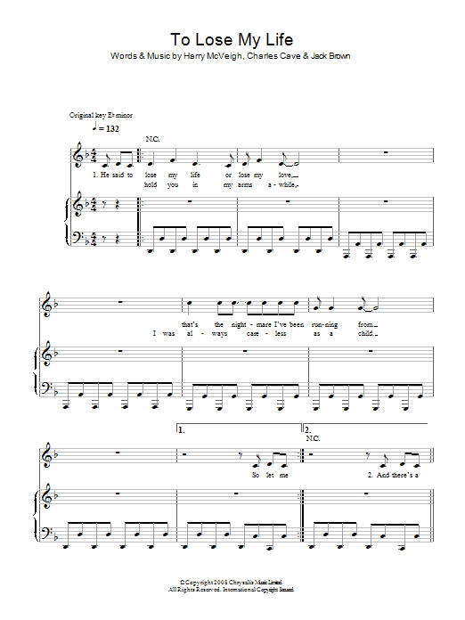 White Lies To Lose My Life sheet music notes and chords arranged for Piano, Vocal & Guitar Chords