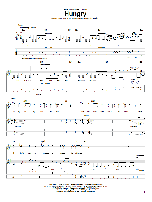 White Lion Hungry sheet music notes and chords arranged for Guitar Tab