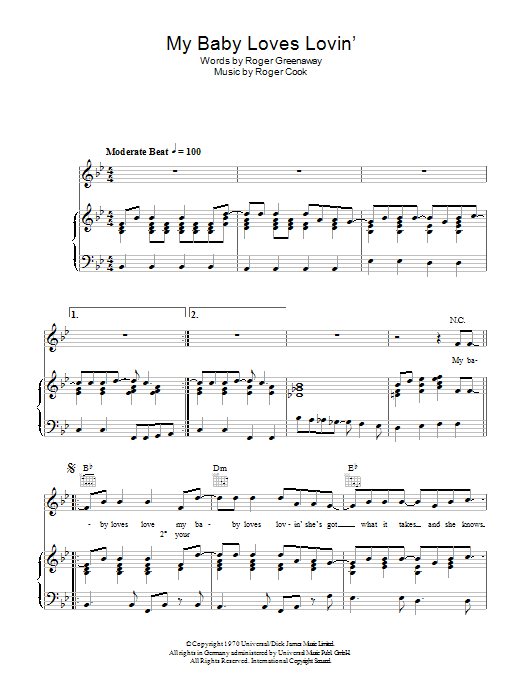 White Plains My Baby Loves Lovin' sheet music notes and chords arranged for Piano, Vocal & Guitar Chords