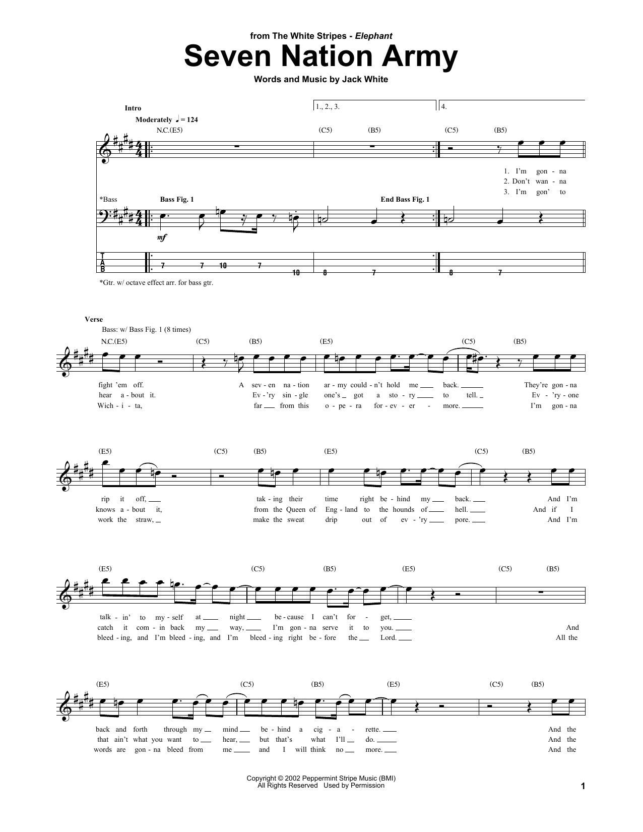 White Stripes Seven Nation Army sheet music notes and chords arranged for Really Easy Guitar