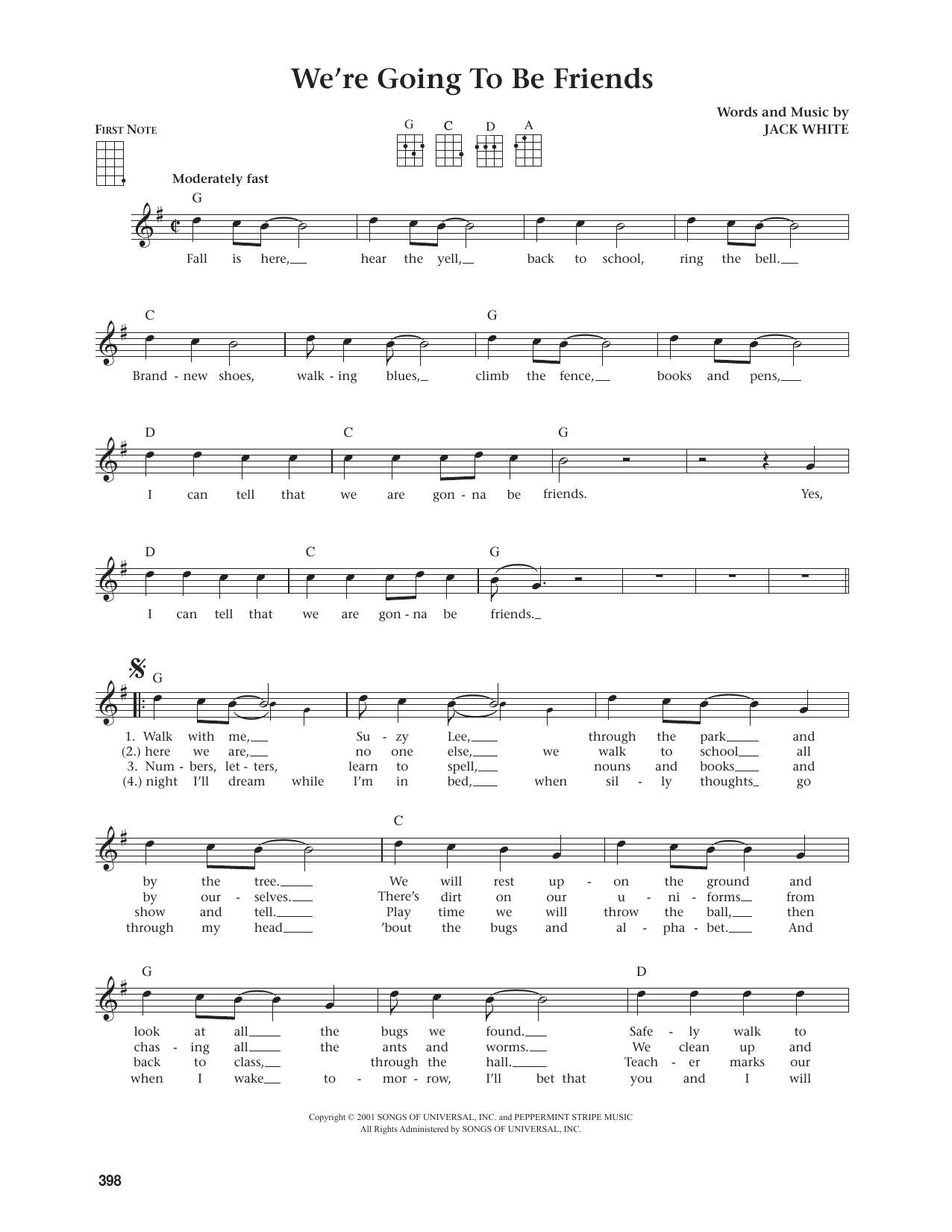 White Stripes We're Going To Be Friends (from The Daily Ukulele) (arr. Jim Beloff) sheet music notes and chords arranged for Ukulele