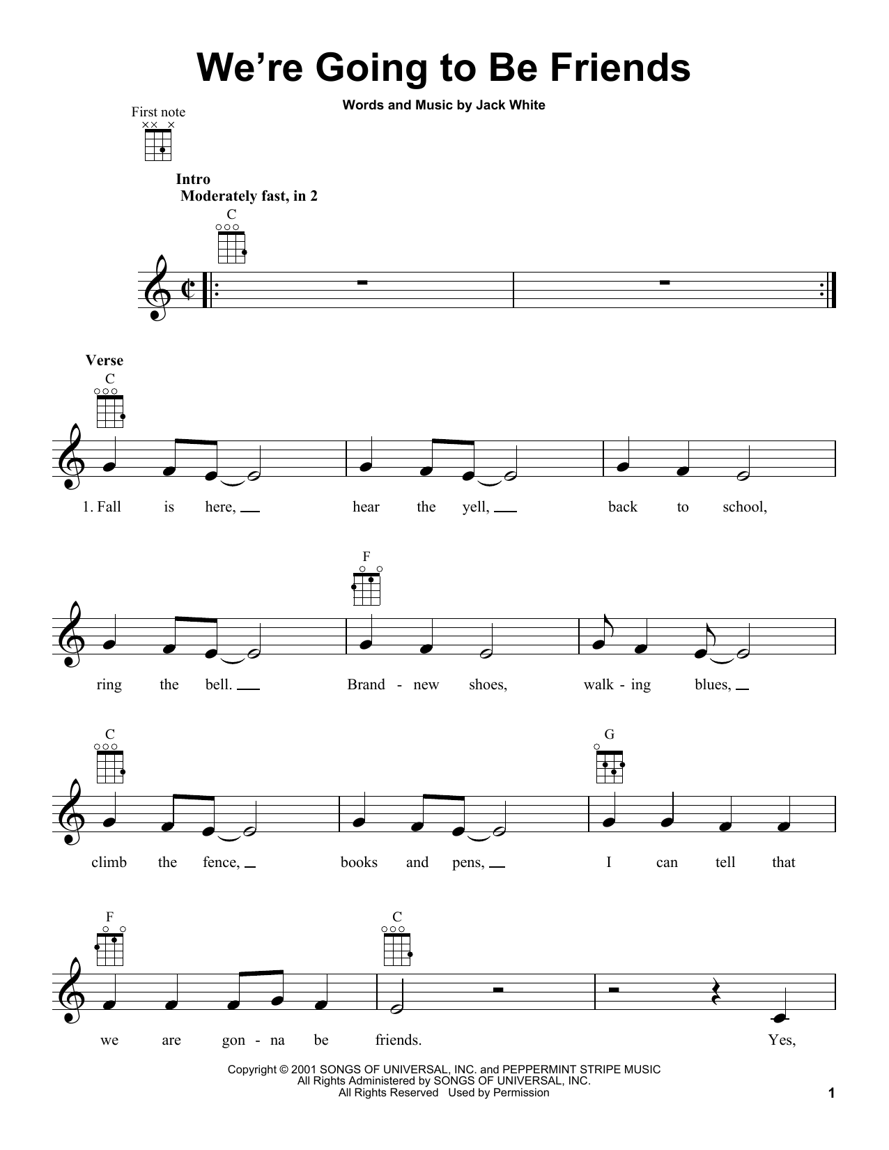 White Stripes We're Going To Be Friends sheet music notes and chords arranged for Ukulele