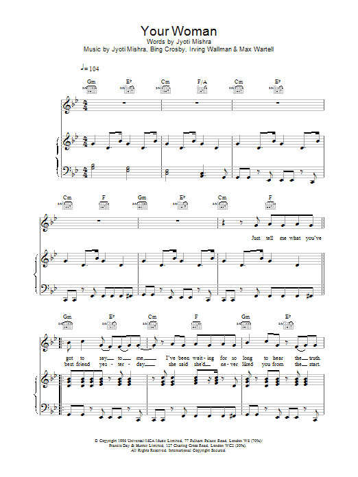 White Town Your Woman sheet music notes and chords arranged for Piano, Vocal & Guitar Chords