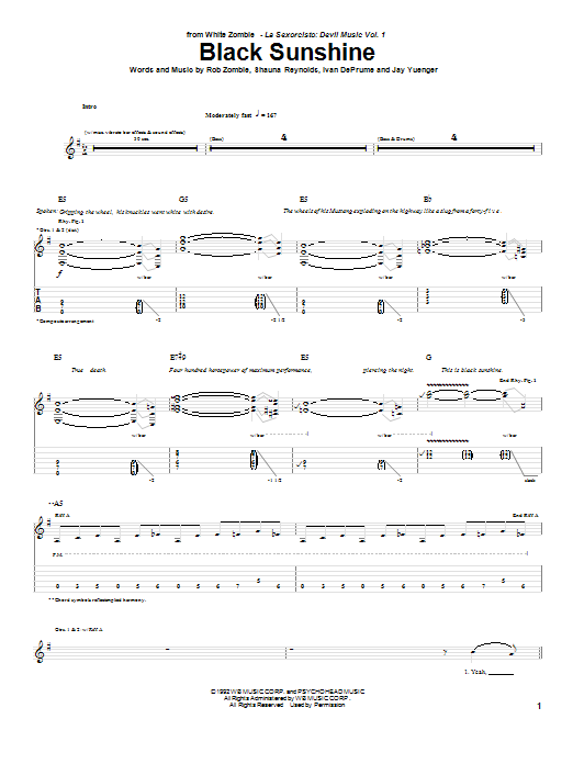 White Zombie Black Sunshine sheet music notes and chords arranged for Guitar Tab