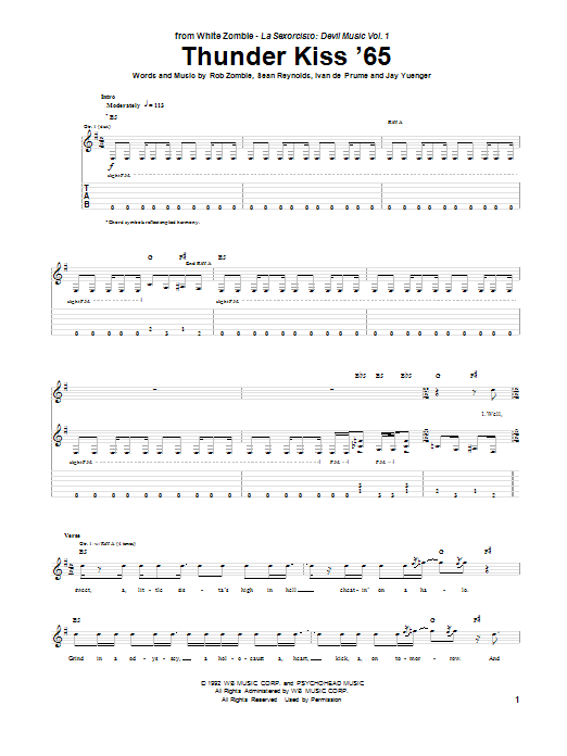 White Zombie Thunder Kiss '65 sheet music notes and chords arranged for Guitar Tab